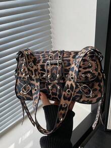 Fashion Contrasting Leopard Print Rivet Decoration Punk Underarm Foreskin Buckle Flip Shoulder Bag, Suitable For Shopping, Wallets, Shopping, Young Women, College Students, Newcomers, White-Collar Workers. They Are Very Suitable For Offices, Universities, Work, Business, Commuting, Outdoor Activities, Travel, And Outings, Fall Winter Fashionable Cheetah Print Purse For Women, New Fall Winter Tiger Print Bag For Women , Leopard Cheetah Print , Punk - 彩色 - 查看 10