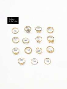 15pcs/Set European And American INS Style Imitation Gem Rings, Faux Pearl Flower Geometric Crystal Bowknot Ring Set - Gold - View 4