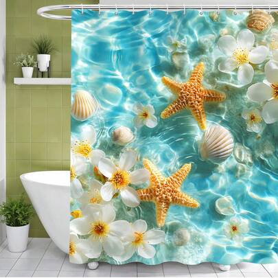 1件装海景海星花卉图案浴帘，精美海景印花浴帘，非常适合浴室装饰、通用房间装饰、家居装饰、浴室配件浴缸浴帘