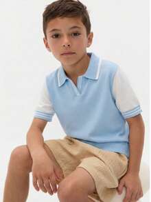 Boys' Contrast Color Collar Polo Shirt Short Sleeve Lightweight Knit Sweater, Suitable For School, Daily Wear, Spring, Summer, Autumn - Blue - View 1