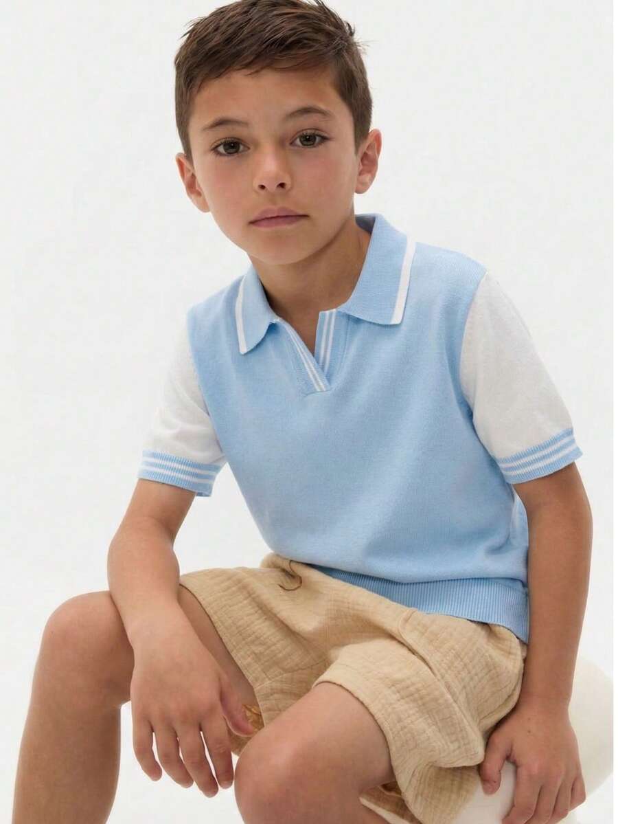 Boys' Contrast Color Collar Polo Shirt Short Sleeve Lightweight Knit Sweater, Suitable For School, Daily Wear, Spring, Summer, Autumn - Blue - View 1