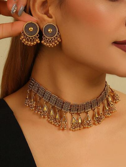 Set de 3 piezas de joyería vintage: Collar + Pendientes de moda con cuentas redondas y gargantilla con borlas, adecuado para mujeres y niñas para uso diario, festivales, bodas y fiestas/regalo de joyería