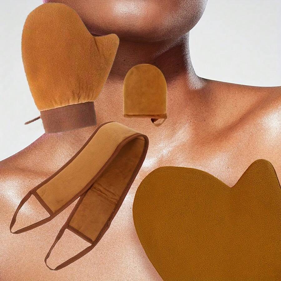 3pcs Self-Tanning Gloves Set, Includes Back Applicator, Mini Face Gloves, Soft & Easy To Apply, Reusable & Washable, Unisex - Multicolor - View 1