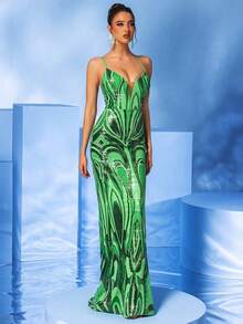 Green Geometric Pattern Sequin Sexy Deep V-Neck Mesh Splice Backless Crisscross Tie Back Party Evening Mermaid Dress (Front Top Half, Back Random Floral Pattern, Not Matched Placement) - Green - View 2
