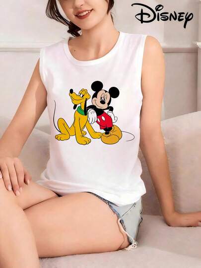  Disney Mickey Mouse & Pluto Graphic Print Round Neck Casual Tank Top For Women, Slightly Stretchy, Opaque, Easy Care Material, Suitable For Outdoor Sports And Daily Wear
