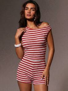 Summer European American Style Striped Knitted Top & Hot Shorts Two Piece Set, Rui Chuo Casual Slim Fit Soft Comfortable Daily Streetwear Vacation Beach Fashion Women Outfit - 軍綠色 - 查看 5