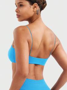 VOYJOY Women Spaghetti Strap Sports Bra Padded Low Support Seamless Impact Cami Square Neck Workout Yoga Bra Crop Top - Xanh băng hà - Xem 2