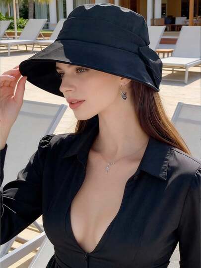 1 pieza Sombrero de pescador de ala ancha con lazo de unicolor para mujer, de moda retro francesa, nuevo, ligero y transpirable, elegante sombrero de cubo, versátil para uso casual al aire de viaje, adecuado para uso diario en primavera/verano