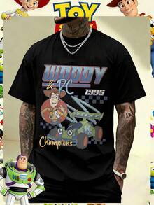 Disney Official Licensed Toy Story Woody & RC Racing Champions Print 220g Cotton 100 Percent Cotton Graphic T Shirts Disney Shirt Crew Neck Unisex Tee - 黑色 - 查看 1