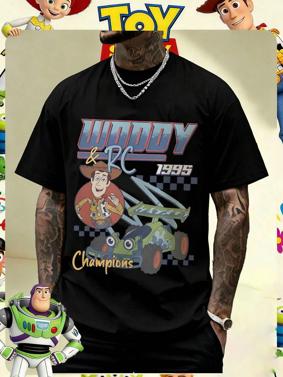 Disney Official Licensed Toy Story Woody & RC Racing Champions Print 220g Cotton 100 Percent Cotton Graphic T Shirts Disney Shirt Crew Neck Unisex Tee - 黑色 - 查看 1