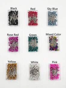 100pcs Pearl Straight Pins In Box, Suitable For Sewing, DIY Crafts, Positioning And Fixing Pins, Fashion Accessory Design, Multi-Color Options: Red, Yellow, Green, Sky Blue, Black, Pink, Fuchsia, White, Colorful - Colored Boxed Pearlescent Needles - View 3
