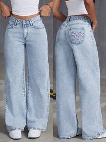 Pantalones vaqueros de pierna ancha con estampado de mariposa y ajuste holgado para adolescentes - Lavado ligero - Ver 1