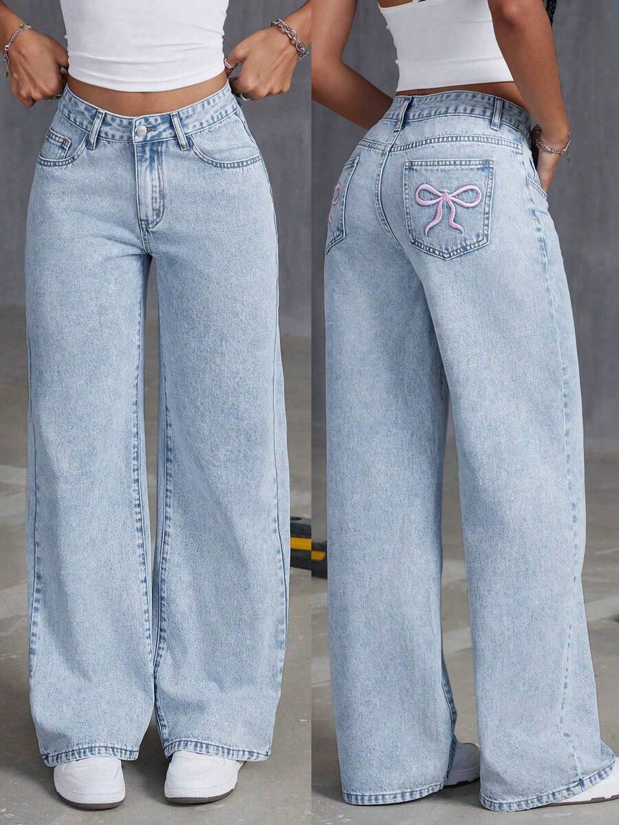 Pantalones vaqueros de pierna ancha con estampado de mariposa y ajuste holgado para adolescentes - Lavado ligero - Ver 1