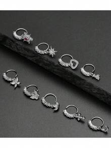10件套优质低过敏性不锈钢20G垂坠鼻环套装，镶嵌AAA+级立方氧化锆，搭配多种款式垂坠吊坠，适合女性日常佩戴和穿刺饰品 - 銀色 - 查看 5