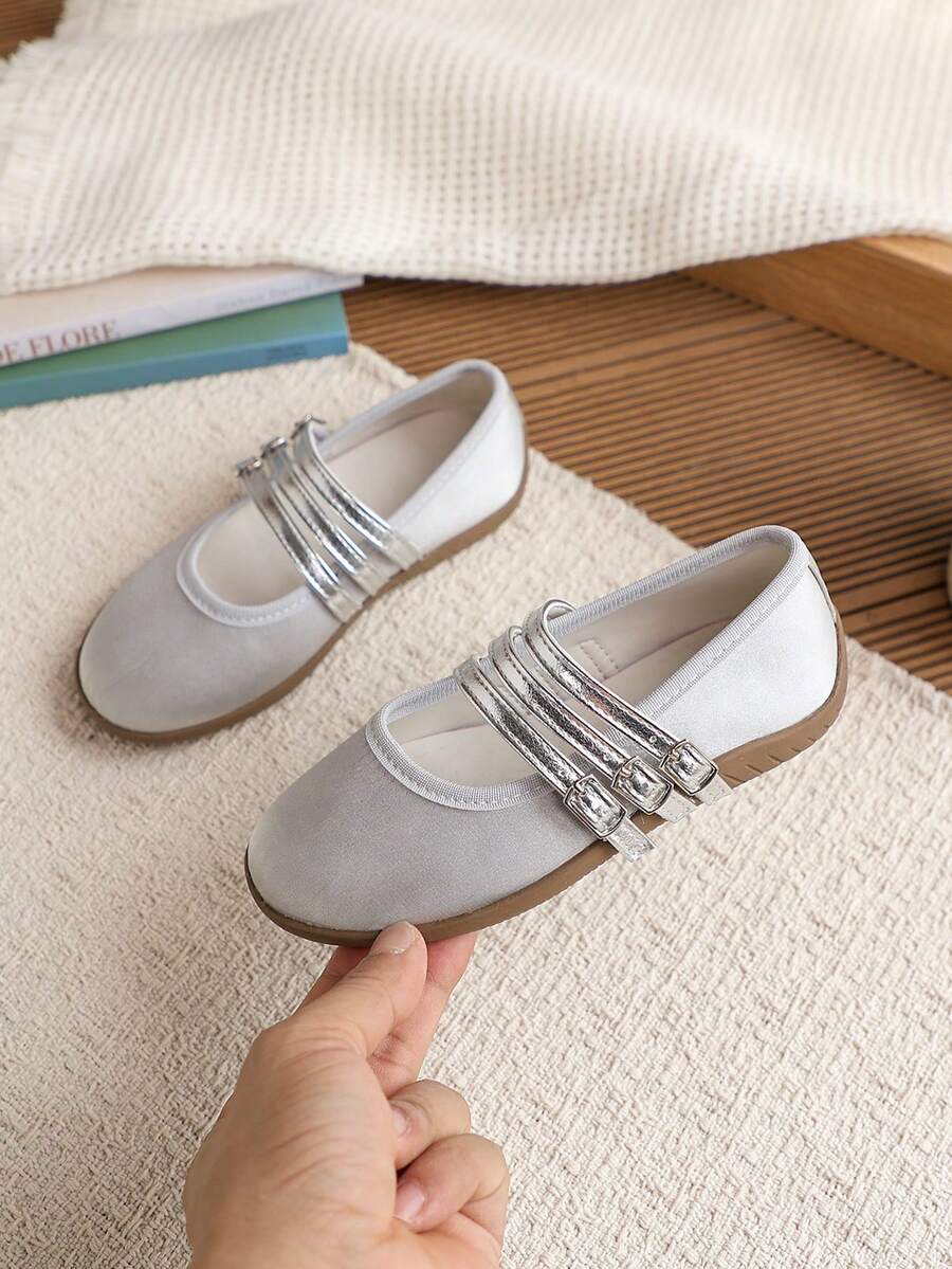1 Pair Girls' Versatile Ballet-Style Flat Shoes, Suitable For Spring, Summer, Autumn - Silver - View 1