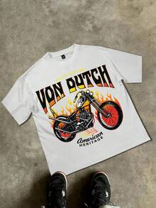 Van Dutch Moto Apparel Chopper Flame Distressed Oversized Graphic Tee Men's Short Sleeve Pure Cotton T-Shirt Loose Fit, Hot Rod Streetwear Retro Biker Aesthetic Baggy 100% Cotton Pullover Gift - trắng - Xem 1