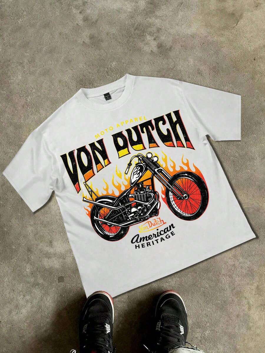 Van Dutch Moto Apparel Chopper Flame Distressed Oversized Graphic Tee Men's Short Sleeve Pure Cotton T-Shirt Loose Fit, Hot Rod Streetwear Retro Biker Aesthetic Baggy 100% Cotton Pullover Gift - trắng - Xem 1