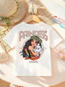 Disney Cartoon Cute Princess Moana Printed Children's T-Shirt. This Soft And Breathable Short Sleeved Round Neck T-Shirt Is Perfect For Spring And Summer Wear, Making It An Ideal Choice For Daily Wear, Vacation And Leisure, Outdoor Exploration, Campus Life, And Shopping Trips. It Is Also An Excellent Gift For Boys And Girls Of The Same Age. Every Child Deserves One. - White - View 3