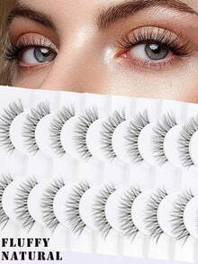 7对自然假睫毛，蓬松猫眼，柔软3D仿貂毛睫毛，纤细凌乱，多层假睫毛，佩戴舒适，上睫毛飞扬，拉长眼型，自然逼真，整条假睫毛，持久浓密，热门美妆工具 - 黑色 - 查看 9