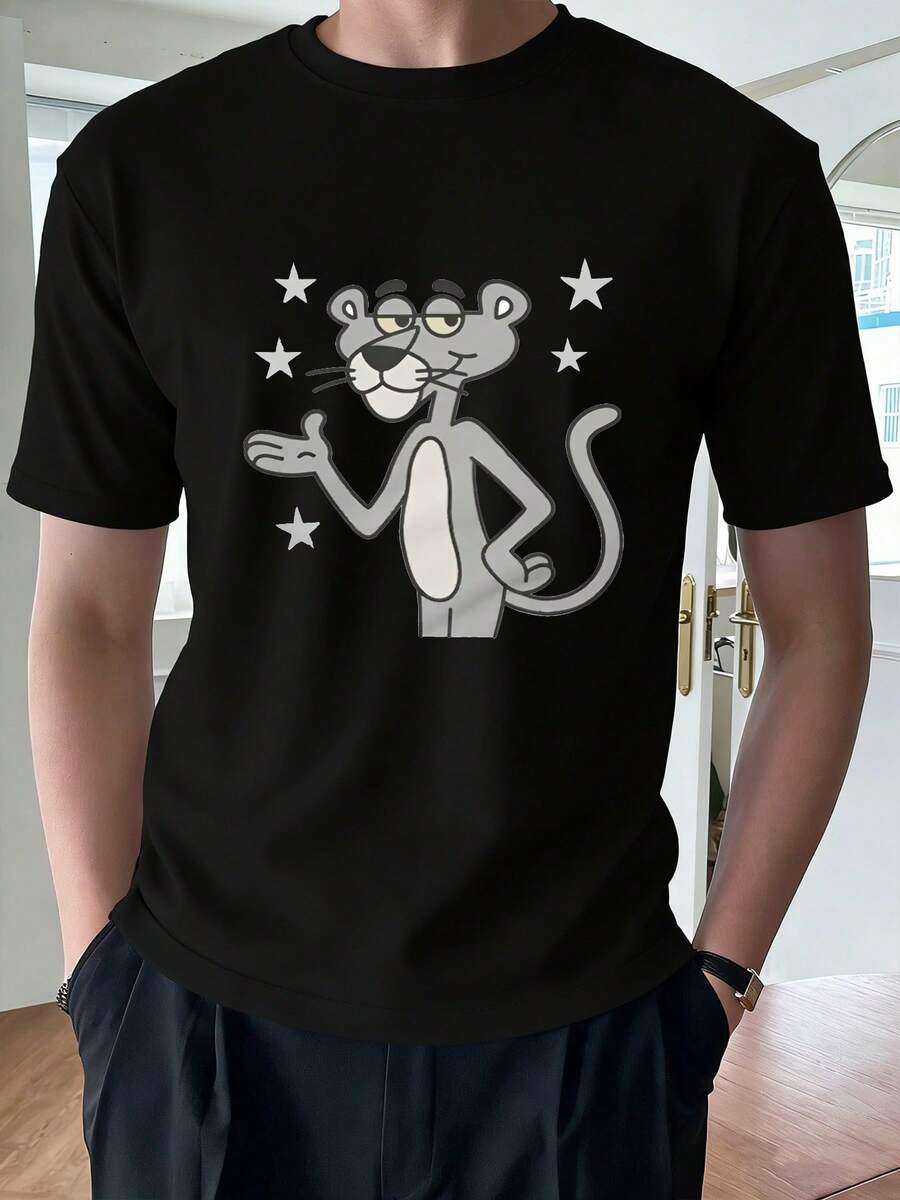 Pink Panther Pantera gris con estrellas 100% algodón hombre corte holgado camiseta de verano camiseta casual varias camisetas como regalo para familia estilo Y2K - Negro - Ver 1