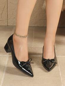 Women's Pointed Toe Elegant Chunky Heel Slip-On Dress Shoes - Black - View 4