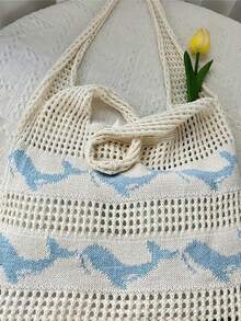 女士针织钩编鲸鱼图案休闲手提包，网眼沙滩手提包 - A - 查看 5