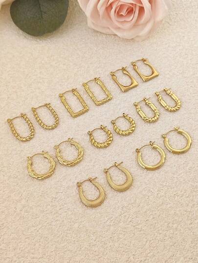 6 Pairs Stainless Steel Earrings Hoops For Women Hoop Earrings Set For Girls Women Gold Jewelry Earrings Chunky Statement C Shape Hoop Earrings Vintage Geometric Thick Stud Earrings Gold Hoops For Teen Girls