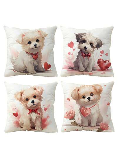 4 件套可爱小狗印花枕套（不含枕芯），家居装饰沙发靠垫套，卧室头枕套，汽车座椅枕套，房间装饰