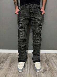 Quần jeans nam skinny fit co giãn, ống loe, gấu quần sờn, túi bên bằng vải cotton, mặc thường ngày, đa năng - màu đen - Xem 2