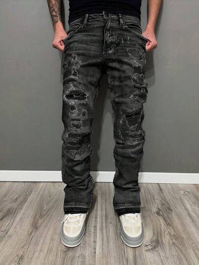 Jeans ajustados para hombre con efecto desgastado y elásticos, jeans con pierna acampanada y bajo deshilachado, de tela de algodón con bolsillos laterales, versátiles y casuales