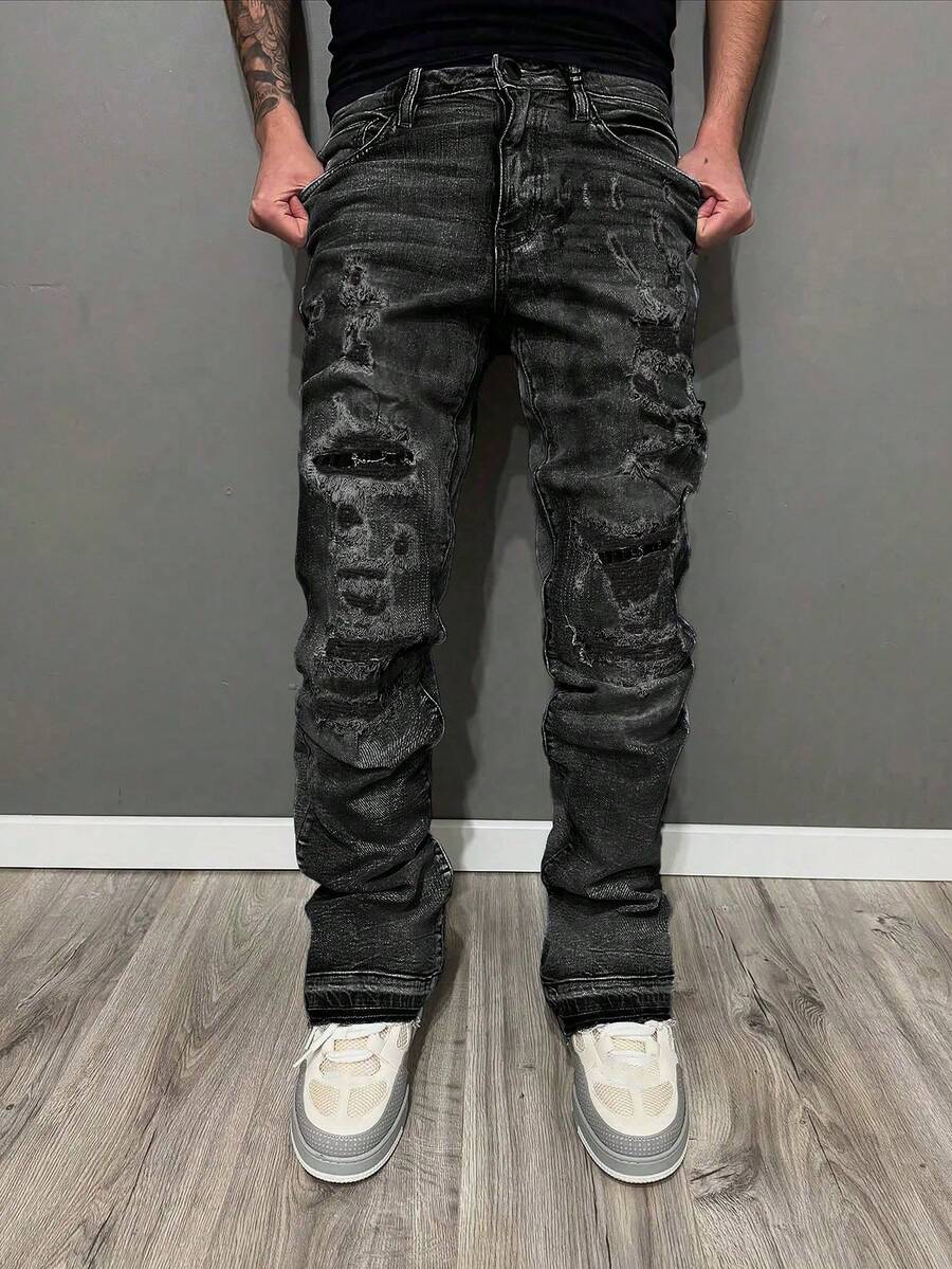 Quần jeans nam skinny fit co giãn, ống loe, gấu quần sờn, túi bên bằng vải cotton, mặc thường ngày, đa năng