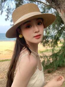 1pc Round Flat Top Straw Hat, Breathable Sun Hat, Travel Beach Hat, Essential Travel Hat, Fashion Versatile, Suitable As Gift For Girlfriend/Friend, Women's Accessory, Interesting Gift, Personalized Gift, Thoughtful Gift, Women's Gift,Summer,Holiday,Festival - Concave Top - View 4