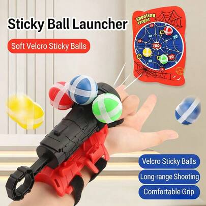 9pcs Spider Web Ball Blaster Launcher, Interactive Toy With Target, Spider Hero Shooting Toy For Kids, Wearable Wrist Launcher With 6 Random Color Sticky Balls, Indoor/Outdoor Family Fun Puzzle Toy, Children's Day/Birthday Gift For Boys And Girls, Party Favor