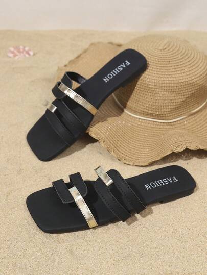 صندل نسائي بدون كعب مع شريط مجعد، تصميم مربع للأصبع، لون أحادي متعدد الاستخدامات، صندل مسطح