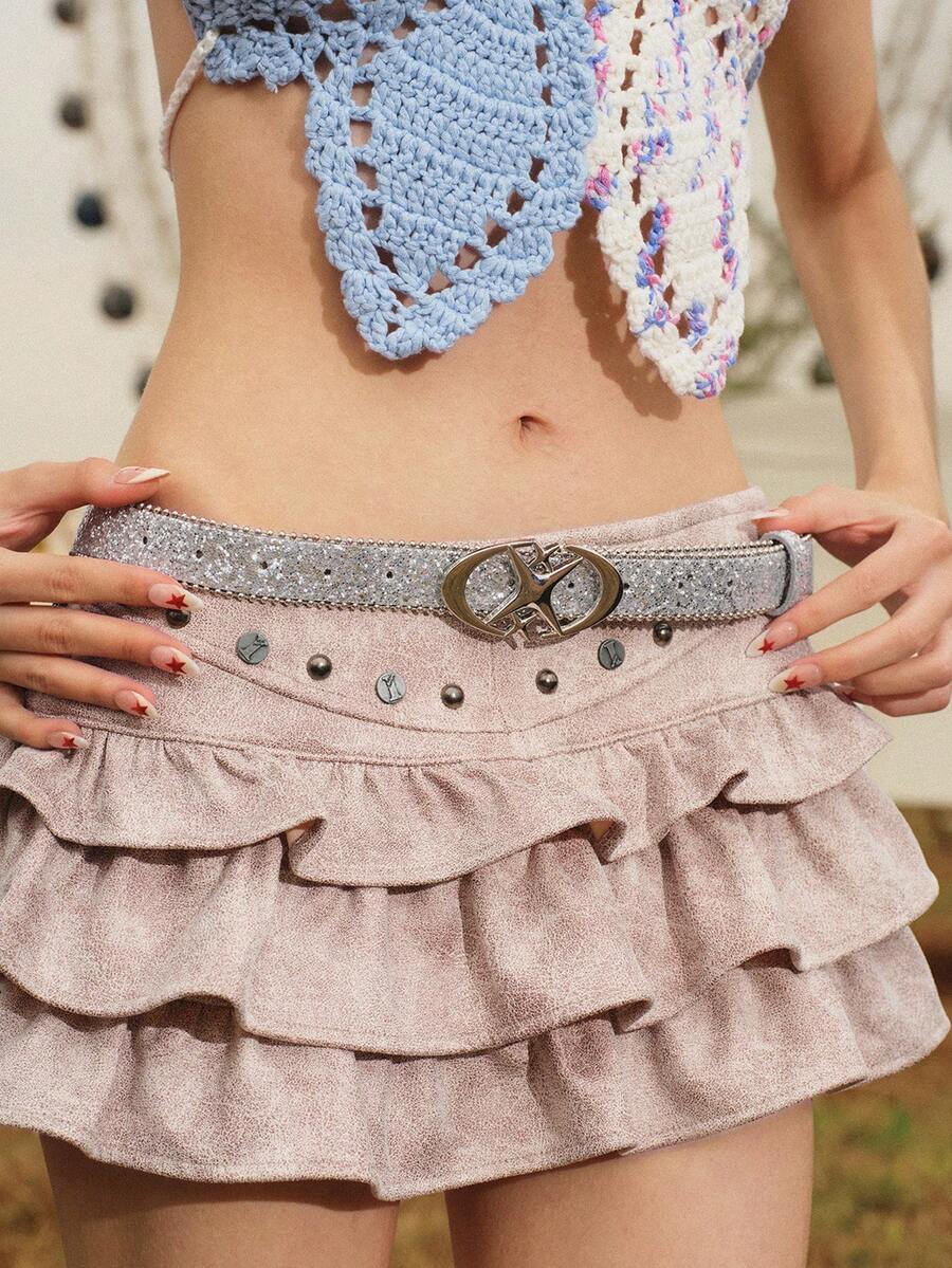 Glisma 1件装女士银色PU材质个性化腰带，双半月和十字星设计，适合派对、万圣节、夏季、学校、秋季等场合。 - 銀色 - 查看 1