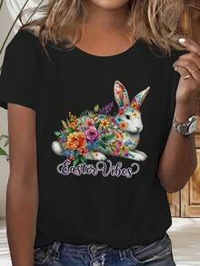 Camiseta De Manga Corta Para Mujer Con Estampado De Huevos De Pascua Y Pollitos - Blusa Casual De Cuello Redondo Para Primavera Verano Para Atuendo Casual, Top De Manga Corta Lavable A Máquina - En Stock (corte Regular) 670223 - [Negro] - Ver 1