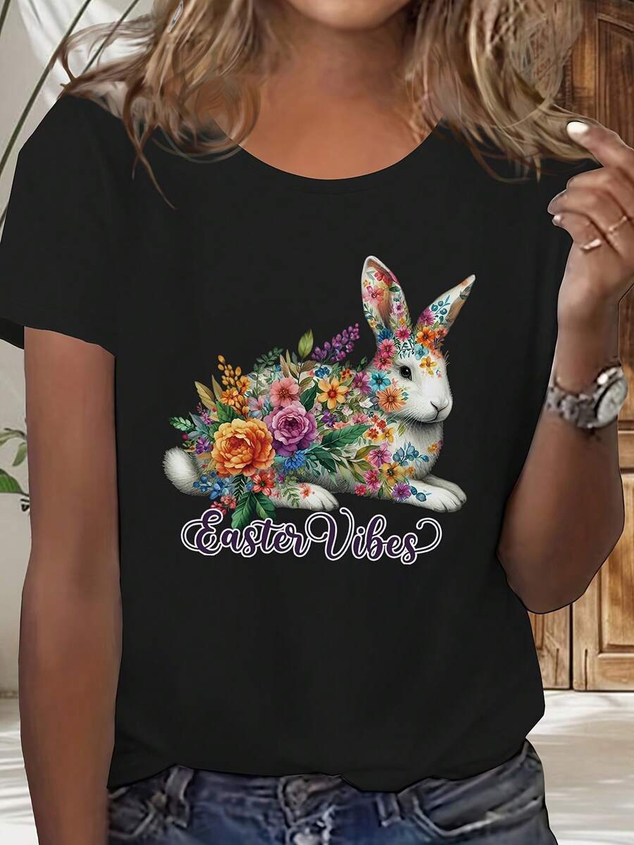 Camiseta De Manga Corta Para Mujer Con Estampado De Huevos De Pascua Y Pollitos - Blusa Casual De Cuello Redondo Para Primavera Verano Para Atuendo Casual, Top De Manga Corta Lavable A Máquina - En Stock (corte Regular) 670223 - [Negro] - Ver 1