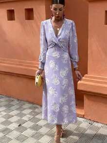 优雅花卉印花拼接V领收腰长袖连衣裙，适合休闲、度假、办公、日常约会、派对及各种场合。 - 淡紫色 - 查看 1