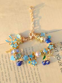 1条红色樱桃串珠手链，蝴蝶结爱心星星女孩手链，可爱樱桃十字架手链，幸运蓝色樱桃星星手链，复古爱心手链 - 寶藍色 - 查看 9