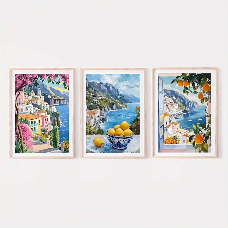 1/3 件套阿马尔菲海岸壁画，2D 平面，充满活力的地中海夏季印花，以意大利海岸风光海报为特色，是假日装饰的完美之选，无框油画印刷品。 - 多色 - 查看 1