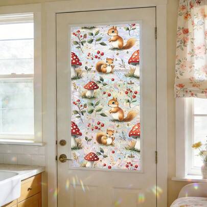1/4pcs Electrostatic Adsorption Stained Window Sticker, Removable Waterproof PVC, Autumn Forest Mushroom Privacy Film. Suncatcher Window Sticker. Suitable For Home Office Living Room Window.