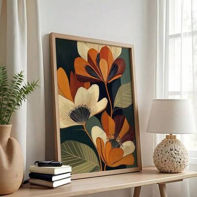 1pc Framed/Unframed Boho Mid Century Botanical Floral Canvas Poster Abstract Vintage Flower Earth Tone Wall Art Print Minimalist Aesthetic Decor Retro Painting For Dorm,Living Room,Bedroom,Modern Home Decoration