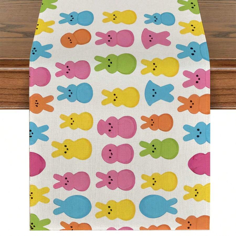 1pc Linen Easter Table Runner, Easter Bunny & Egg Pattern, Warm Floral Design, Available In Multiple Sizes, Suitable For Home Dining, Kitchen Decor, Home Decor, Outdoor Party And Restaurant Decoration, Textured Linen Appearance - Multicolor - View 1