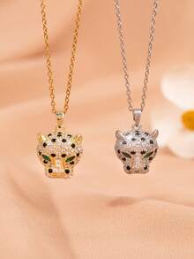 1件女士时尚镀金豹头吊坠项链，镶嵌闪亮水钻，适合跨境派对、婚礼和日常佩戴 - 彩色 - 查看 1