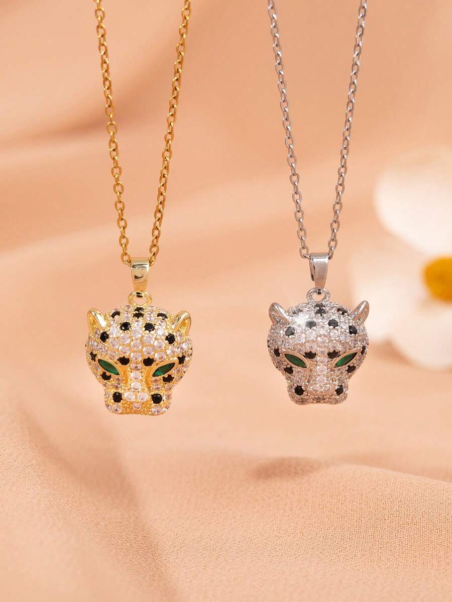 1件女士时尚镀金豹头吊坠项链，镶嵌闪亮水钻，适合跨境派对、婚礼和日常佩戴 - 彩色 - 查看 1