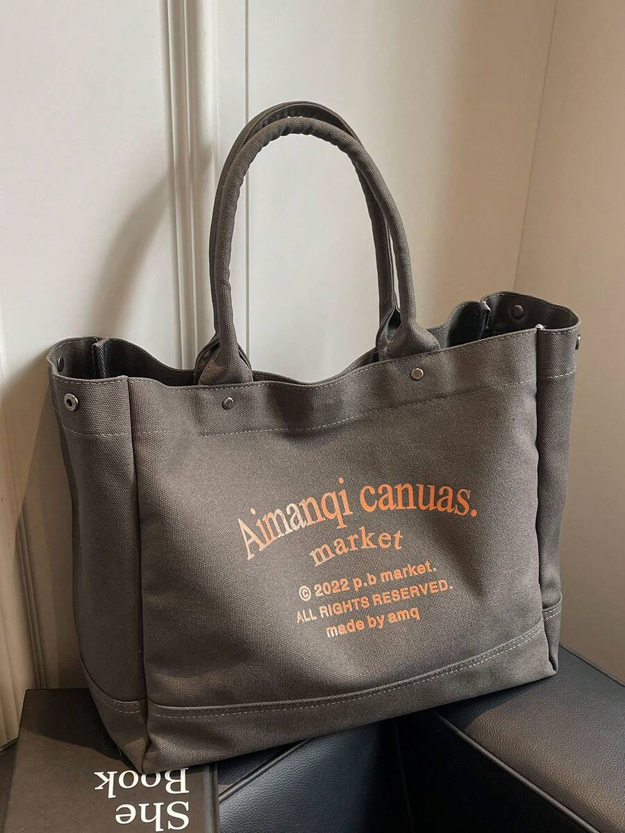 Casual Minimalist Letter Pattern Canvas Tote Bag For Women - Dark Grey - View 1