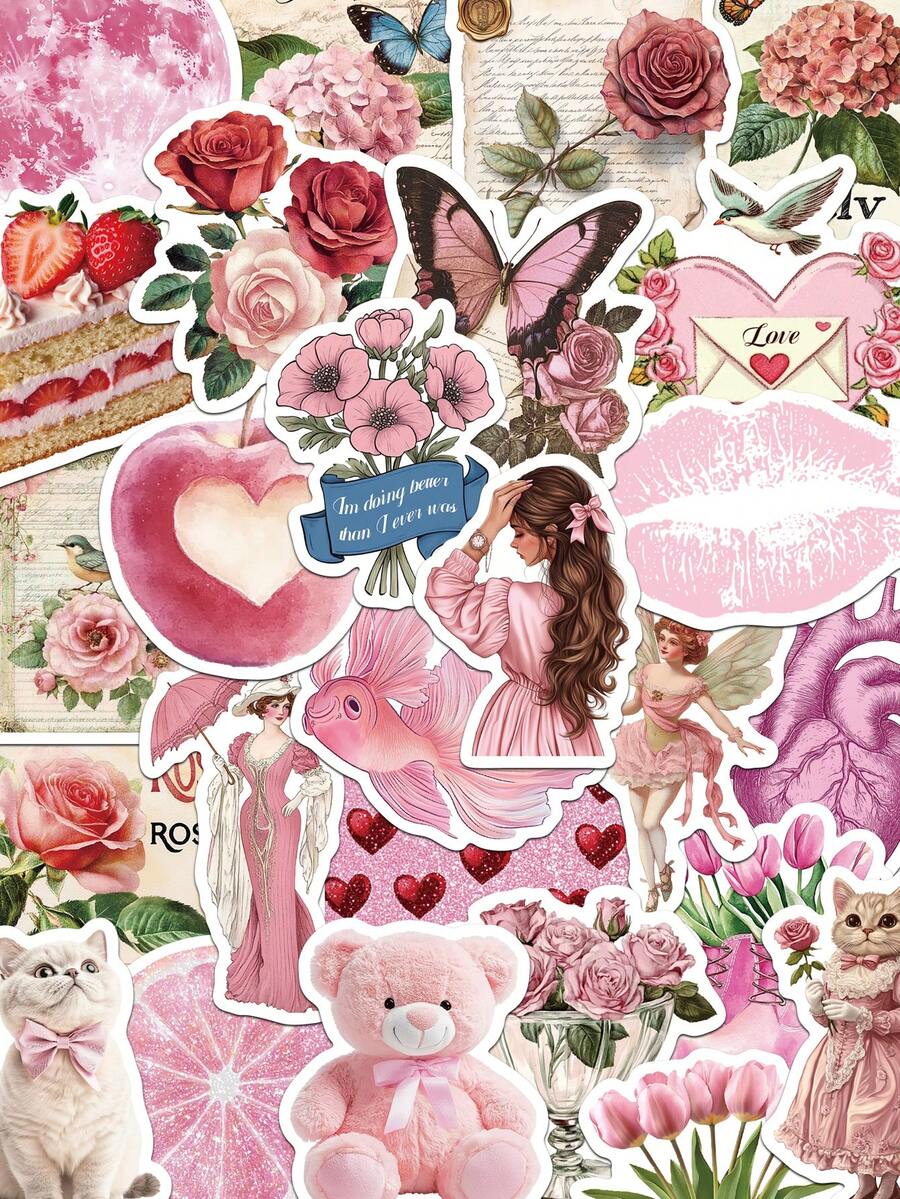 50 piezas Pegatinas estéticas rosas para cuadernos, portátiles, fundas de teléfonos, equipaje, monopatines, cascos y decoración - A - Ver 1