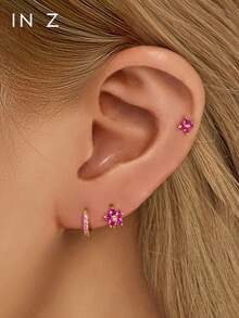 2pcs 925 Sterling Silver Five-Petal Flower Earrings, Gold Zirconia Earrings, Suitable For Women's Daily Wear - Five-petal Flower Earrings - View 8