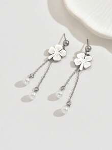 1 Pair Stainless Steel Flower Tassel Pendant Pearl Stainless Steel Earrings, Elegant Personalized Celebration Party Wedding French Earrings Accessories For Women - Earring - View 4