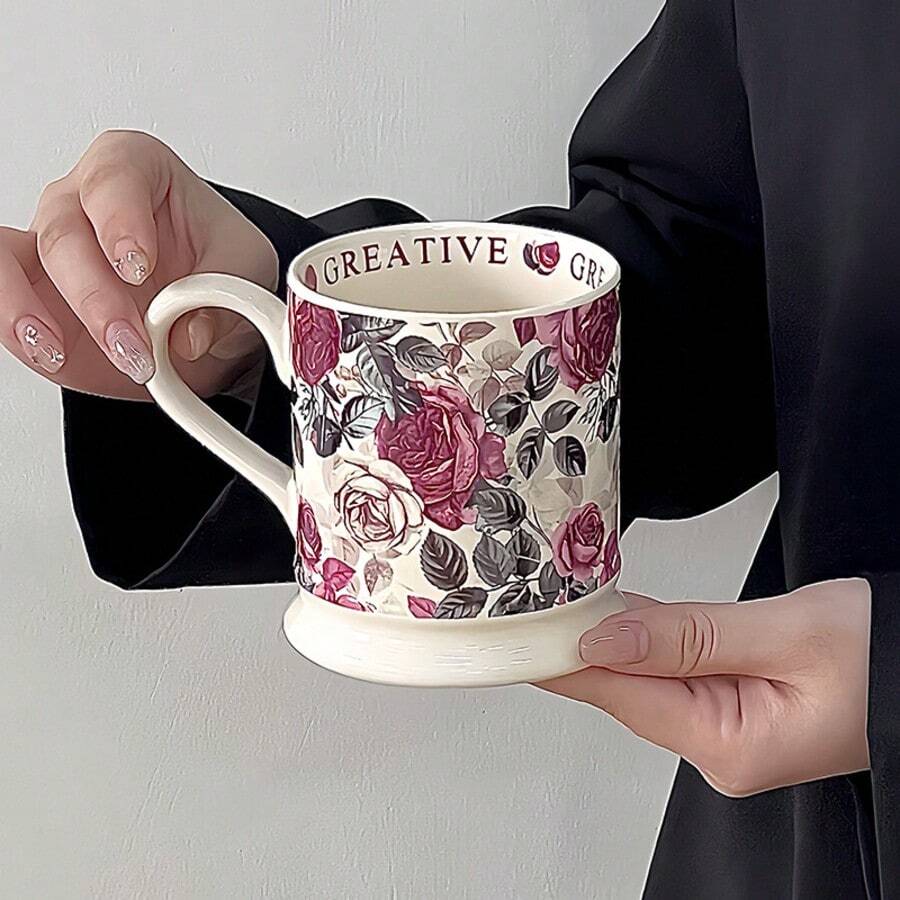 1 Set Of 6pcs 300ml [With 3pcs Spoons] Retro Glazed Floral Mugs, Heat-Resistant Ceramic Tea Cup Set, High-End Housewarming Gift - Multicolor - View 1